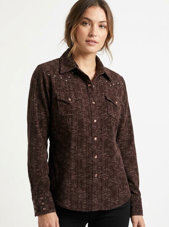 20X Tops - 20X Western Shirt Womens L Brown Corduroy Floral Pearl Snap Front Long Sleeve
